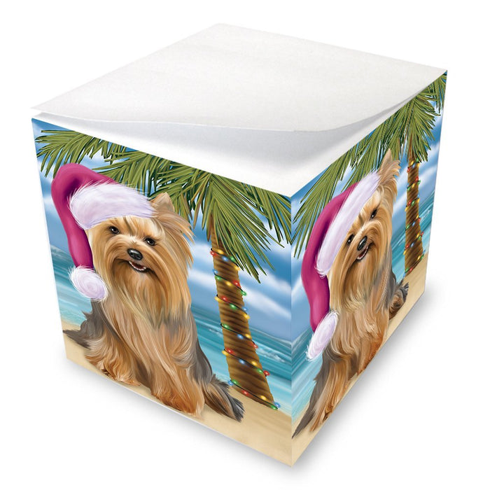 Summertime Happy Holidays Christmas Yorkshire Terriers Dog on Tropical Island Beach Note Cube D577