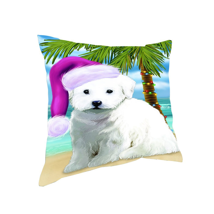 Summertime Happy Holidays Christmas Bichon Frise Dog on Tropical Island Beach Throw Pillow