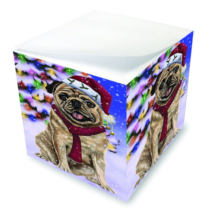 Winterland Wonderland Pug Dog In Christmas Holiday Scenic Background Note Cube D669