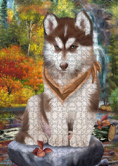 Scenic Waterfall Siberian Husky Dog Puzzle with Photo Tin PUZL52443