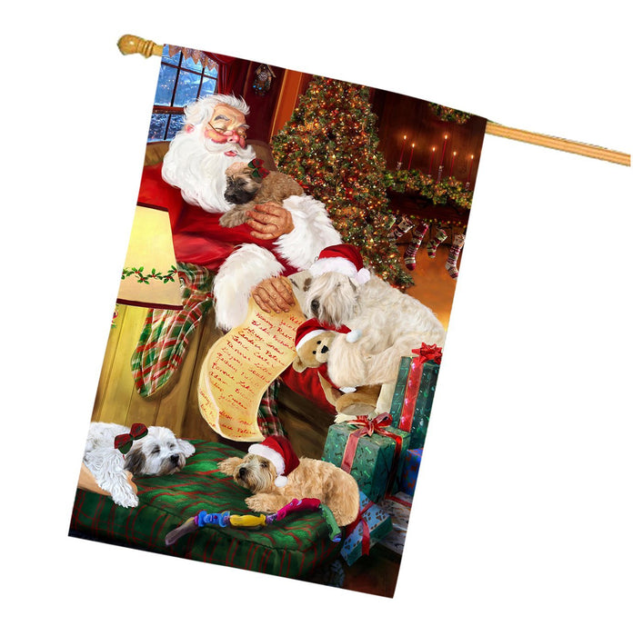 Wheaten Terrier Dog and Puppies Sleeping with Santa House Flag