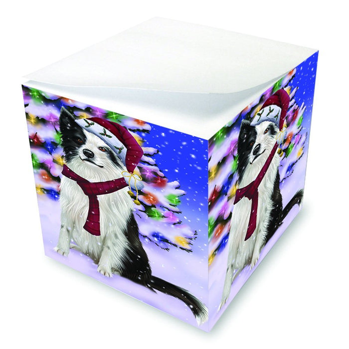 Winterland Wonderland Border Collies Dog In Christmas Holiday Scenic Background Note Cube D645