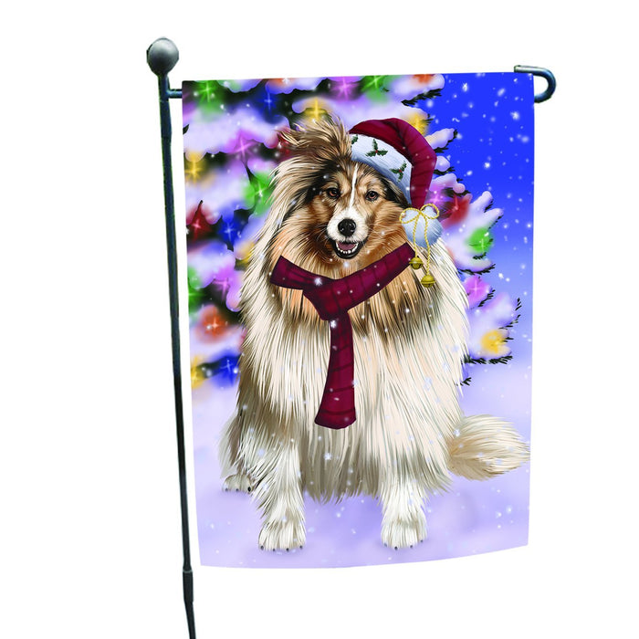 Winterland Wonderland Shetland Dog In Christmas Holiday Scenic Background Garden Flag