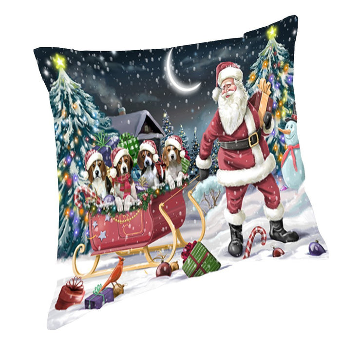 Santa Sled Dogs Christmas Happy Holidays Beagle Throw Pillow PIL1140