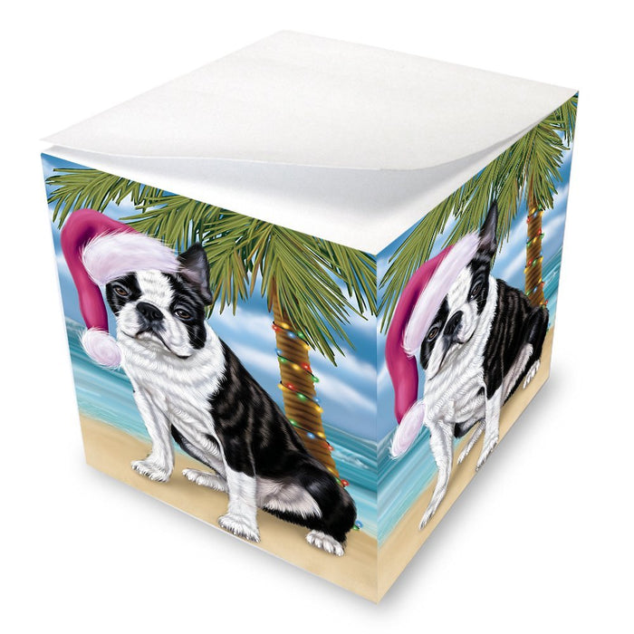 Summertime Happy Holidays Christmas Boston Terriers Dog on Tropical Island Beach Note Cube D509
