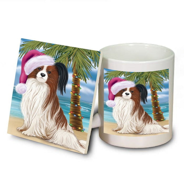 Summertime Papillon Dog on Beach Christmas Mug and Coaster Set MUC0652