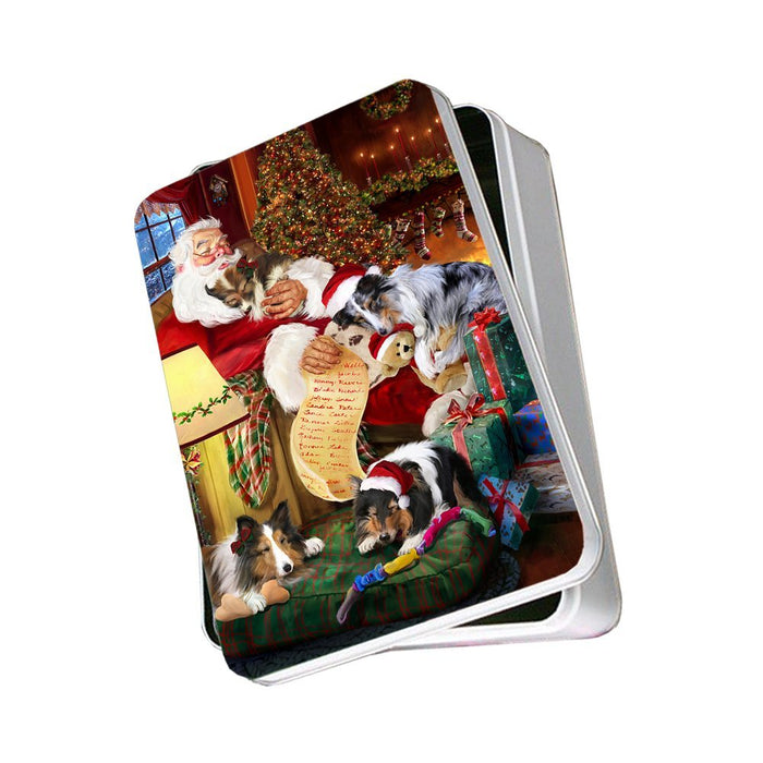 Sheltie Dog with Puppies Sleeping with Santa Photo Tin