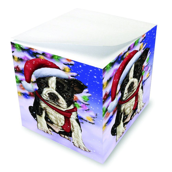 Winterland Wonderland Boston Dog In Christmas Holiday Scenic Background Note Cube D648