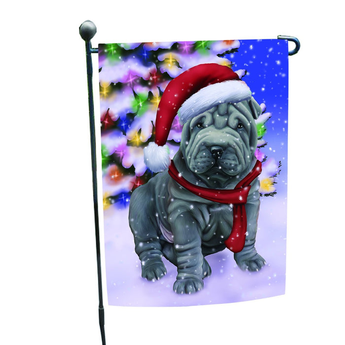 Winterland Wonderland Shar Pei Dog In Christmas Holiday Scenic Background Garden Flag