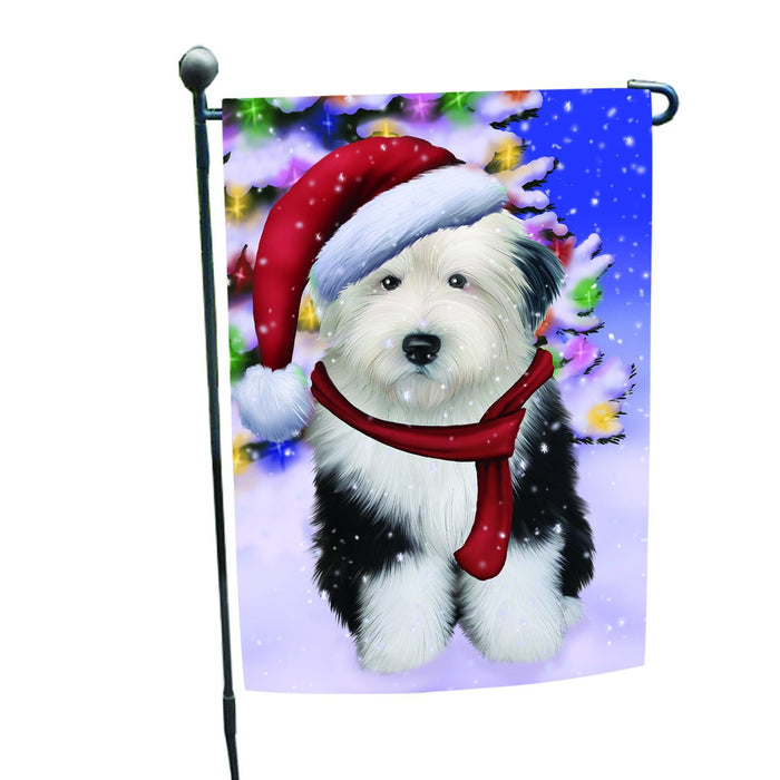 Winterland Wonderland Old English Sheepdog Dog In Christmas Holiday Scenic Background Garden Flag