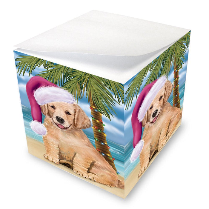 Summertime Happy Holidays Christmas Golden Retrievers Dog on Tropical Island Beach Note Cube D542