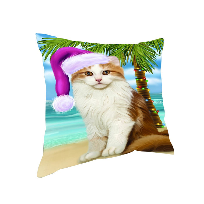 Summertime Happy Holidays Christmas American Curl Cat on Tropical Island Beach Throw Pillow
