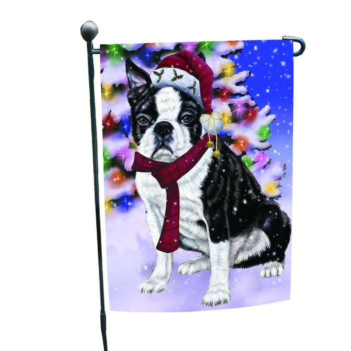 Winterland Wonderland Boston Dog In Christmas Holiday Scenic Background Garden Flag