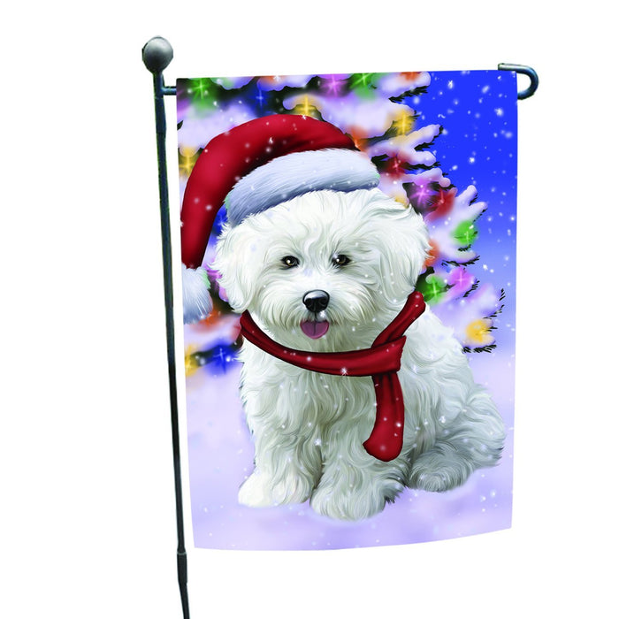 Winterland Wonderland Bichon Dog In Christmas Holiday Scenic Background Garden Flag