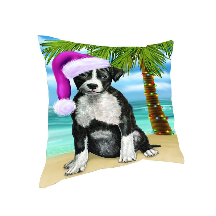 Summertime Happy Holidays Christmas American Staffordshire Terrier Dog on Tropical Island Beach Throw Pillow
