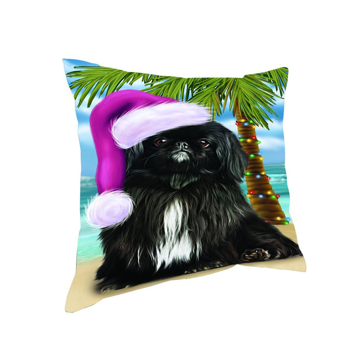 Summertime Happy Holidays Christmas Pekingese Dog on Tropical Island Beach Throw Pillow