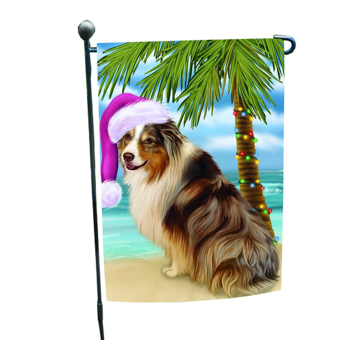 Summertime Happy Holidays Christmas Australian Shepherd Dog on Tropical Island Beach Garden Flag