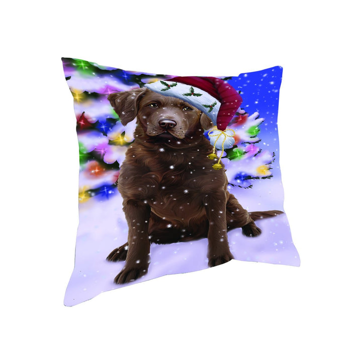 Winterland Wonderland Chesapeake Bay Retriever Dog In Christmas Holiday Scenic Background Throw Pillow