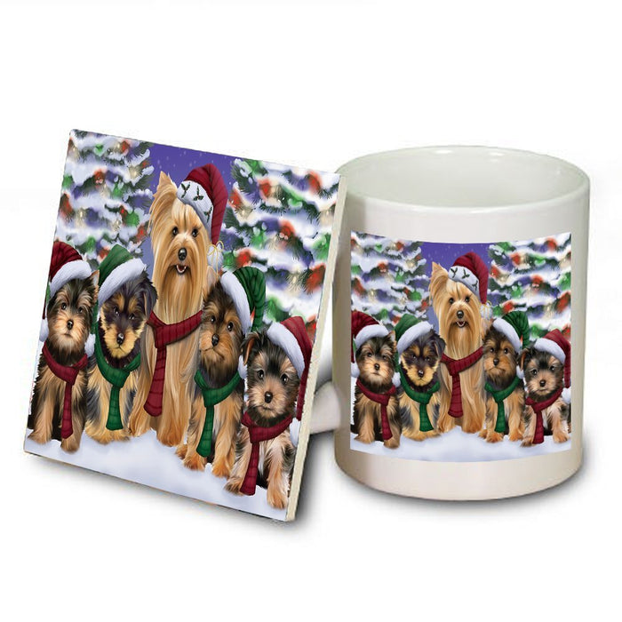 Yorkshire Terriers Dog Christmas Family Portrait in Holiday Scenic Background Mug and Coaster Set