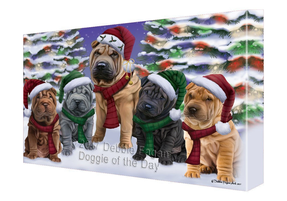 Shar Pei Dog Christmas Family Portrait in Holiday Scenic Background Canvas Wall Art