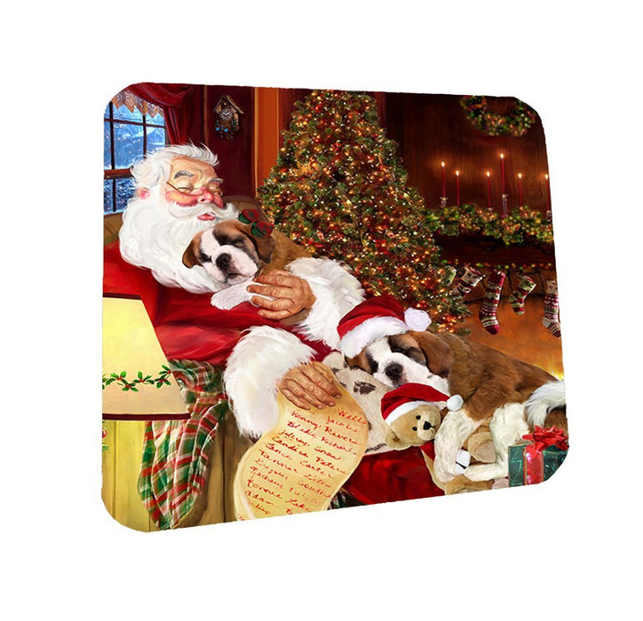 Saint Bernard Dog and Puppies Sleeping with Santa Coasters Set of 4