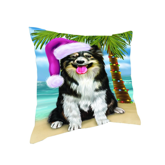 Summertime Happy Holidays Christmas Australian Shepherd Dog on Tropical Island Beach Throw Pillow