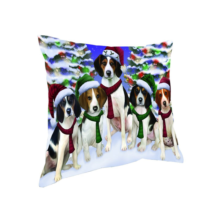 Treeing Walker Coonhound Dog Christmas Family Portrait in Holiday Scenic Background Throw Pillow