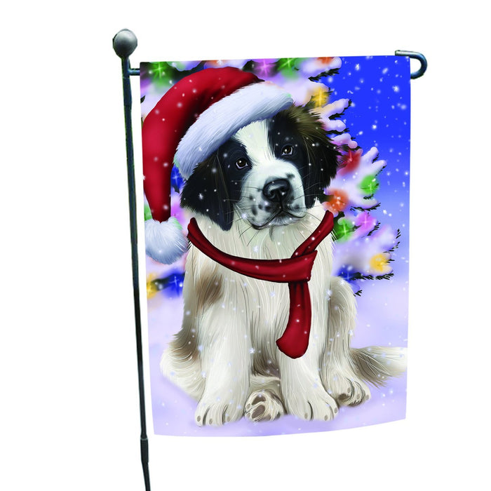 Winterland Wonderland Saint Bernard Dog In Christmas Holiday Scenic Background Garden Flag