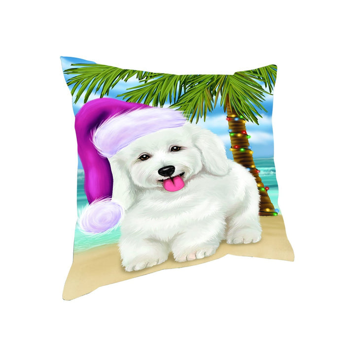 Summertime Happy Holidays Christmas Bichon Frise Dog on Tropical Island Beach Throw Pillow