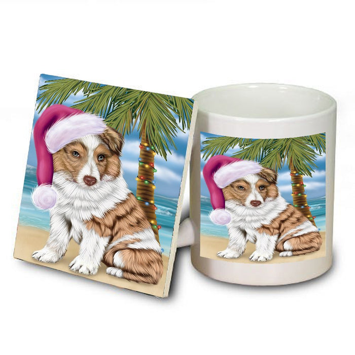 Summertime Happy Holidays Christmas Australian Shepherd Dog on Tropical Island Beach Mug and Coaster Set