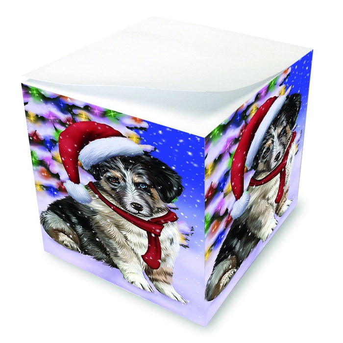 Winterland Wonderland Australian Shepherds Dog In Christmas Holiday Scenic Background Note Cube D633