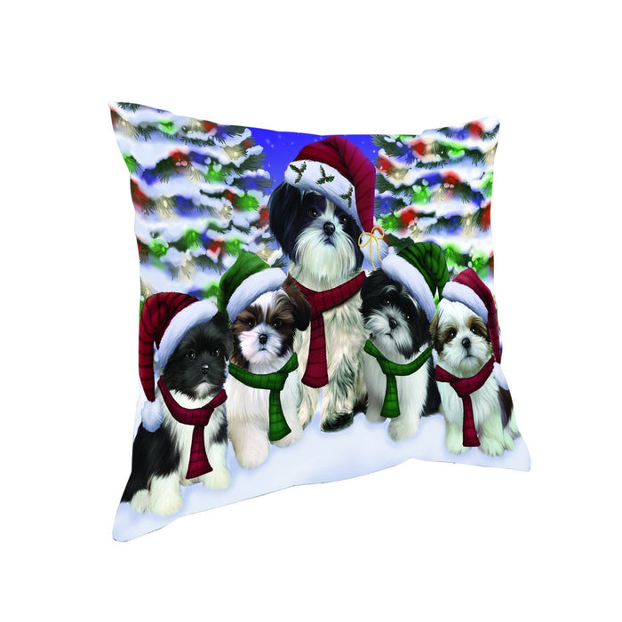 Shih Tzu Dog Christmas Family Portrait in Holiday Scenic Background Throw Pillow