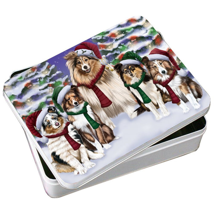 Shetland Sheetdog Dog Christmas Family Portrait in Holiday Scenic Background Photo Storage Tin