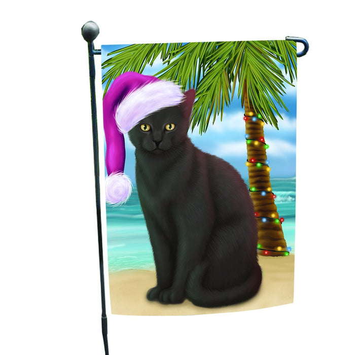 Summertime Happy Holidays Christmas Black Cat on Tropical Island Beach Garden Flag