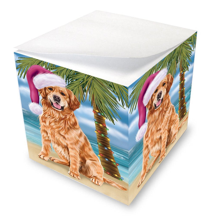Summertime Happy Holidays Christmas Golden Retrievers Dog on Tropical Island Beach Note Cube D541