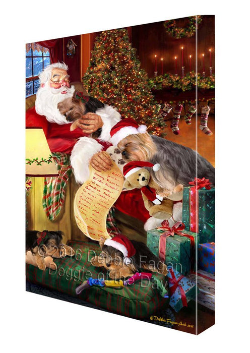 Yokshire Terrier Dog and Puppies Sleeping with Santa Painting Printed on Canvas Wall Art