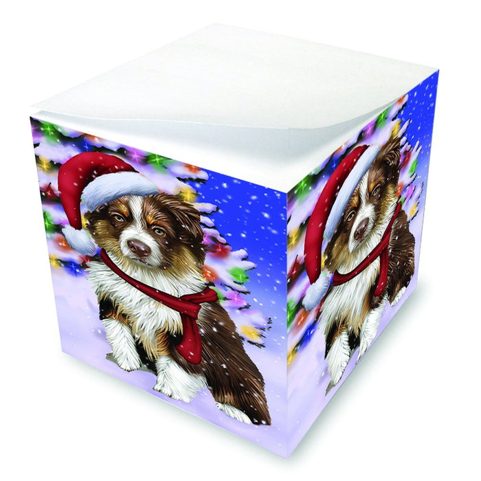 Winterland Wonderland Australian Shepherds Dog In Christmas Holiday Scenic Background Note Cube D636