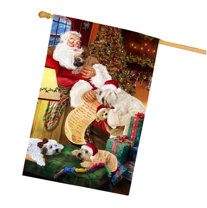 Wheaten Terriers Dog and Puppies Sleeping with Santa House Flag