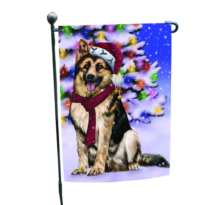 Winterland Wonderland German Shepherds Dog In Christmas Holiday Scenic Background Garden Flag