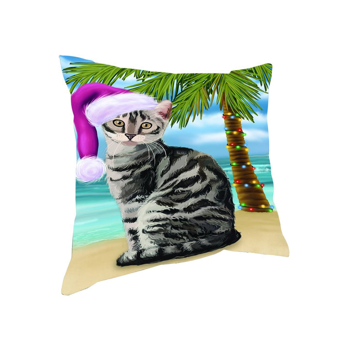 Summertime Happy Holidays Christmas Bengal Cat on Tropical Island Beach Throw Pillow