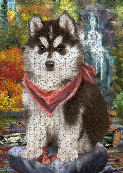 Scenic Waterfall Siberian Husky Dog Puzzle with Photo Tin PUZL52446
