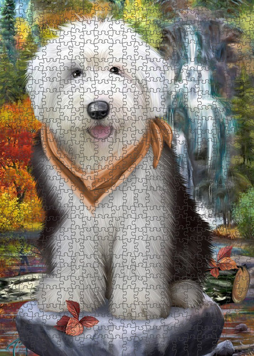 Scenic Waterfall Old English Sheepdog Puzzle with Photo Tin PUZL52263
