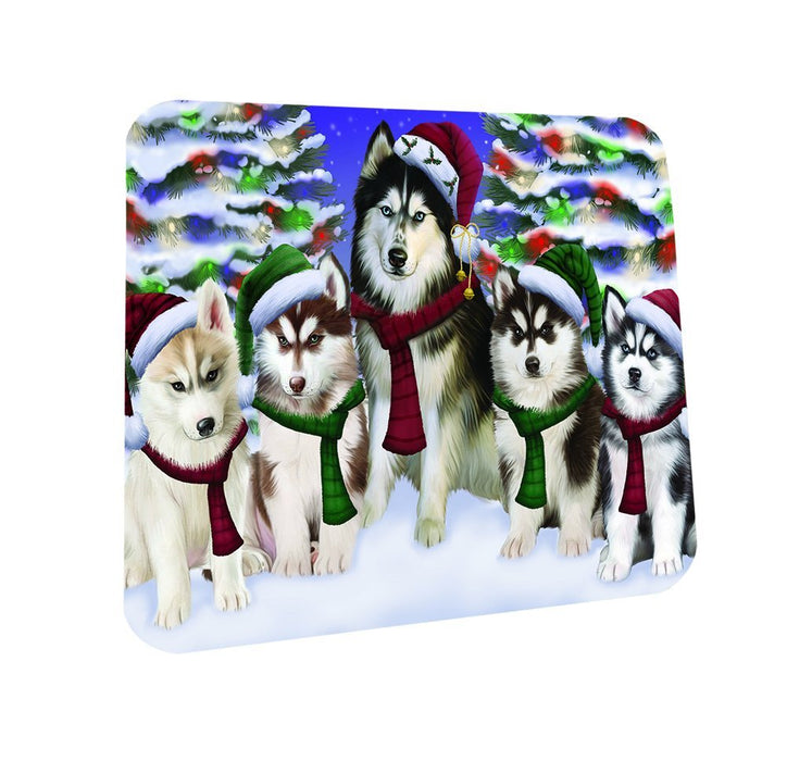 Siberian Huskies Dog Christmas Family Portrait in Holiday Scenic Background Coasters Set of 4