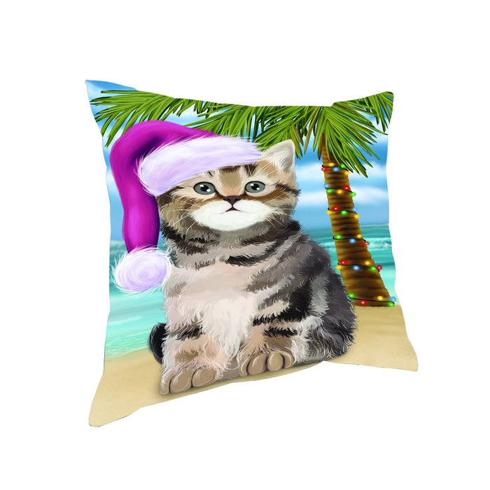 Summertime Happy Holidays Christmas British Shorthair Cat on Tropical Island Beach Throw Pillow