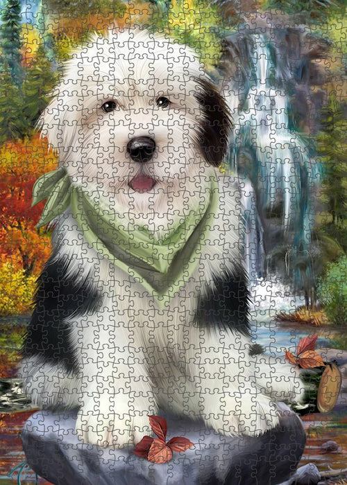 Scenic Waterfall Old English Sheepdog Puzzle with Photo Tin PUZL52272