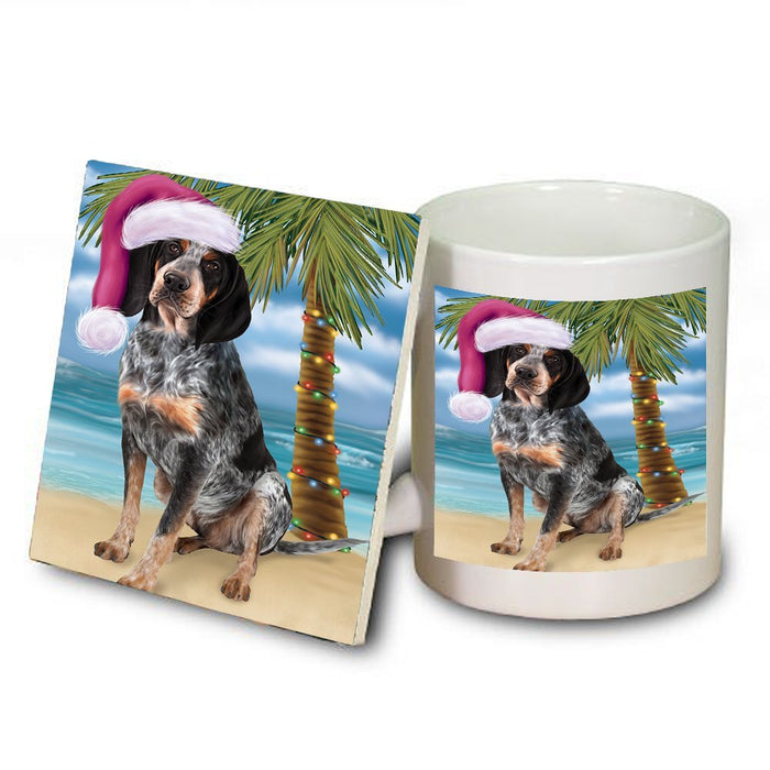 Summertime Happy Holidays Christmas Bluetick Coonhound Dog on Tropical Island Beach Mug and Coaster Set