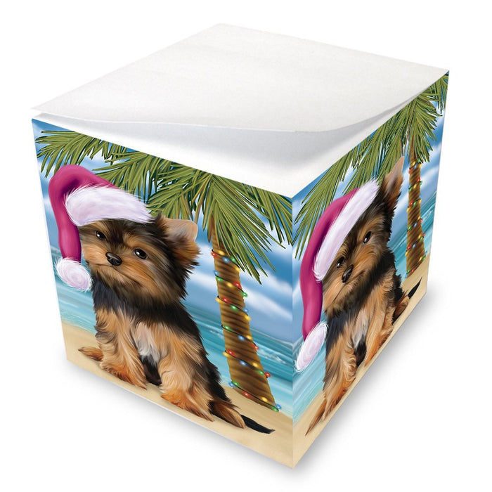 Summertime Happy Holidays Christmas Yorkshire Terriers Dog on Tropical Island Beach Note Cube D578
