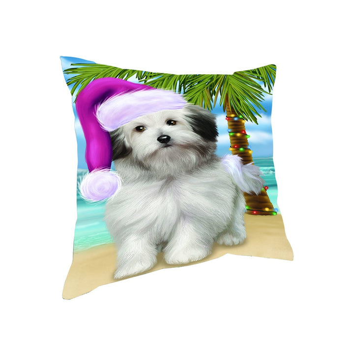 Summertime Happy Holidays Christmas Bolognese Dogs on Tropical Island Beach Throw Pillow
