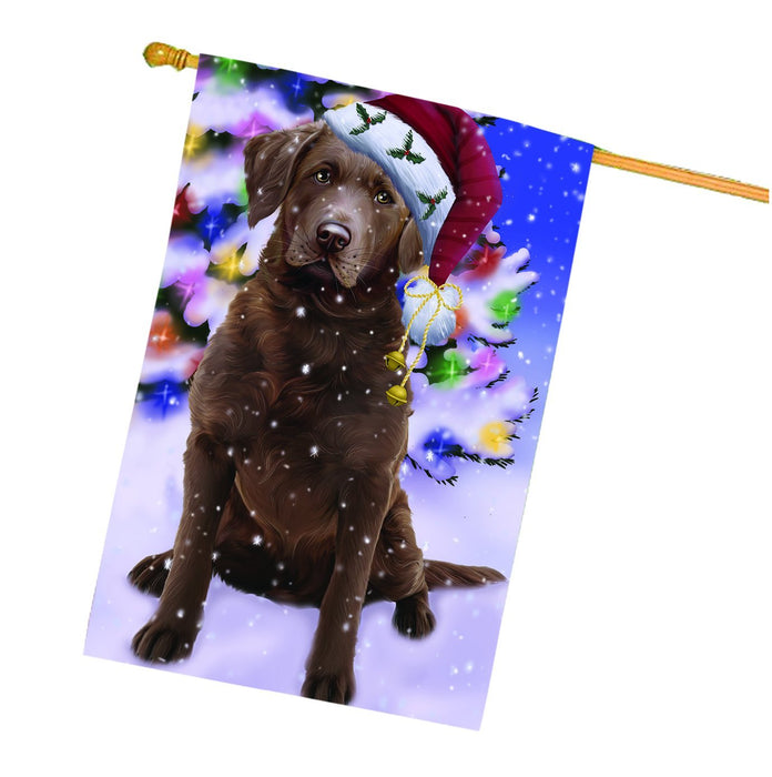 Winterland Wonderland Chesapeake Bay Retriever Dog In Christmas Holiday Scenic Background House Flag