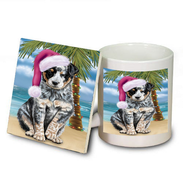 Summertime Happy Holidays Christmas Australian Cattle Dog on Tropical Island Beach Mug and Coaster Set